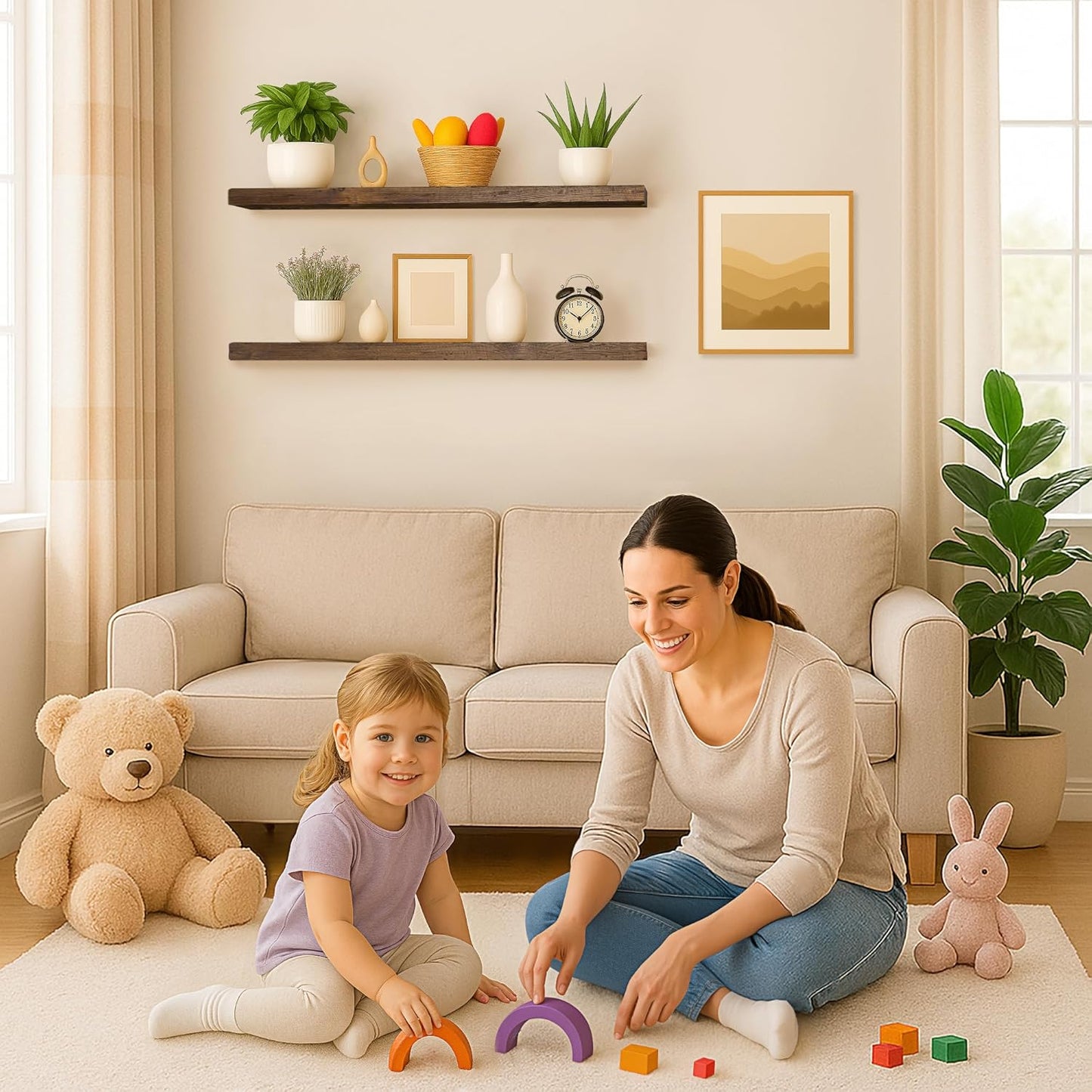 BGMG Floating Shelves 36 inch Long, Distressed,Wide Rustic Wooden Wall Shelves for Bathroom Living Room Bedroom Kitchen Farmhouse Set of 2-36x6.7x1.25 inch-Distressed Walnut