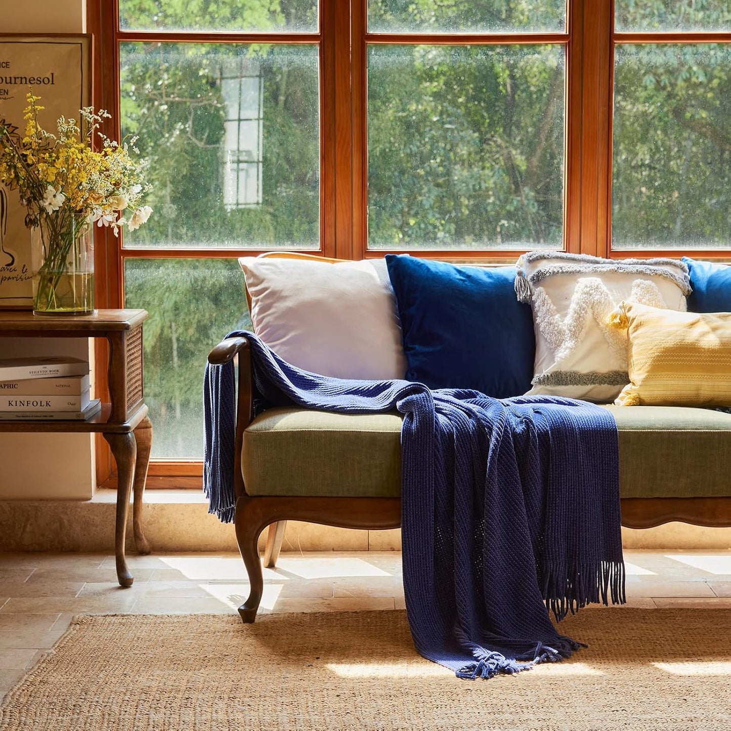 lifein Throw Blanket for Couch, Soft Boho Decor Bed Throw,Cozy Blue Chenille Knitted Small Farmhouse Lightweight Throw for Spring(Blue,50 * 60")