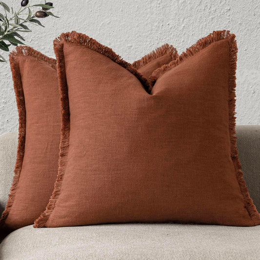 Foindtower Set of 2 Decorative Linen Fringe Throw Pillow Covers Farmhouse Cushion Cover with Tassels Soft Accent Pillowcase for Couch Chair Sofa Bed Living Room Home Decor,24×24 Inch,Fall Rust Orange
