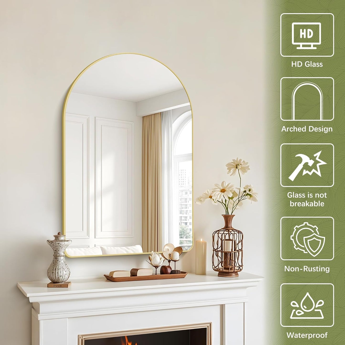 Arched Bathroom Mirror, 24"x36" Gold Arched Mirror for Bathroom, Wall Mounted Mirror, Gold Vanity Wall Mirror w/Metal Frame for Bedroom, Entryway, Living Room, Vertically Hanging