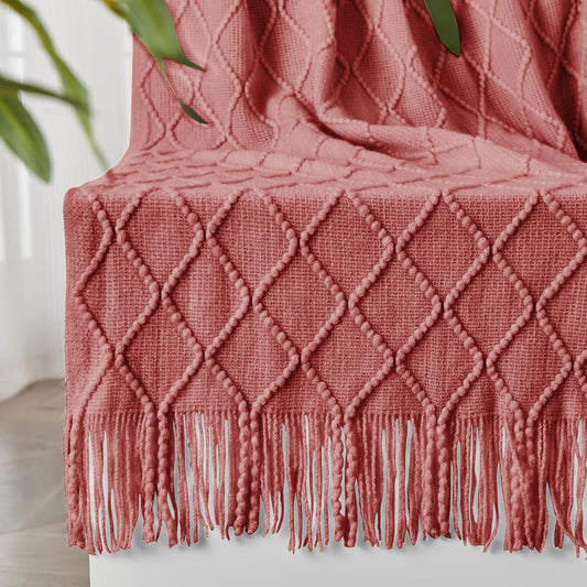 InHand Knitted Throw Blanket for Couch and Bed, Soft Cozy Knit Blanket with Tassel, Coral Pink Lightweight Decorative Throw, Farmhouse Warm Woven Throw for Men and Women, 50"x60"