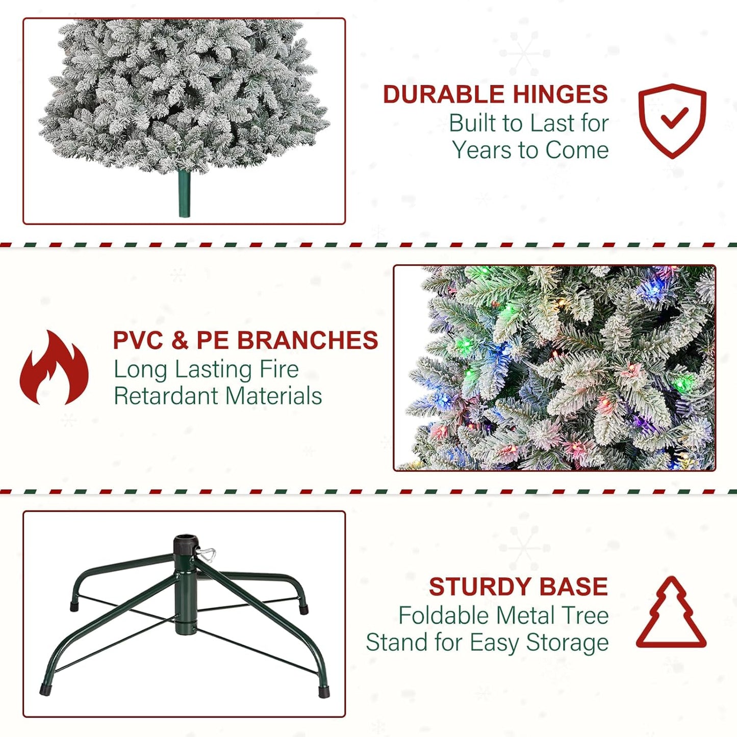 7.5ft Lighted Snow Flocked Christmas Tree with Remote Control, 450 Multi-Color RGB Lights, 1446 PVC Branch Tips, 15 Mode Artificial Hinged Christmas Tree for Home