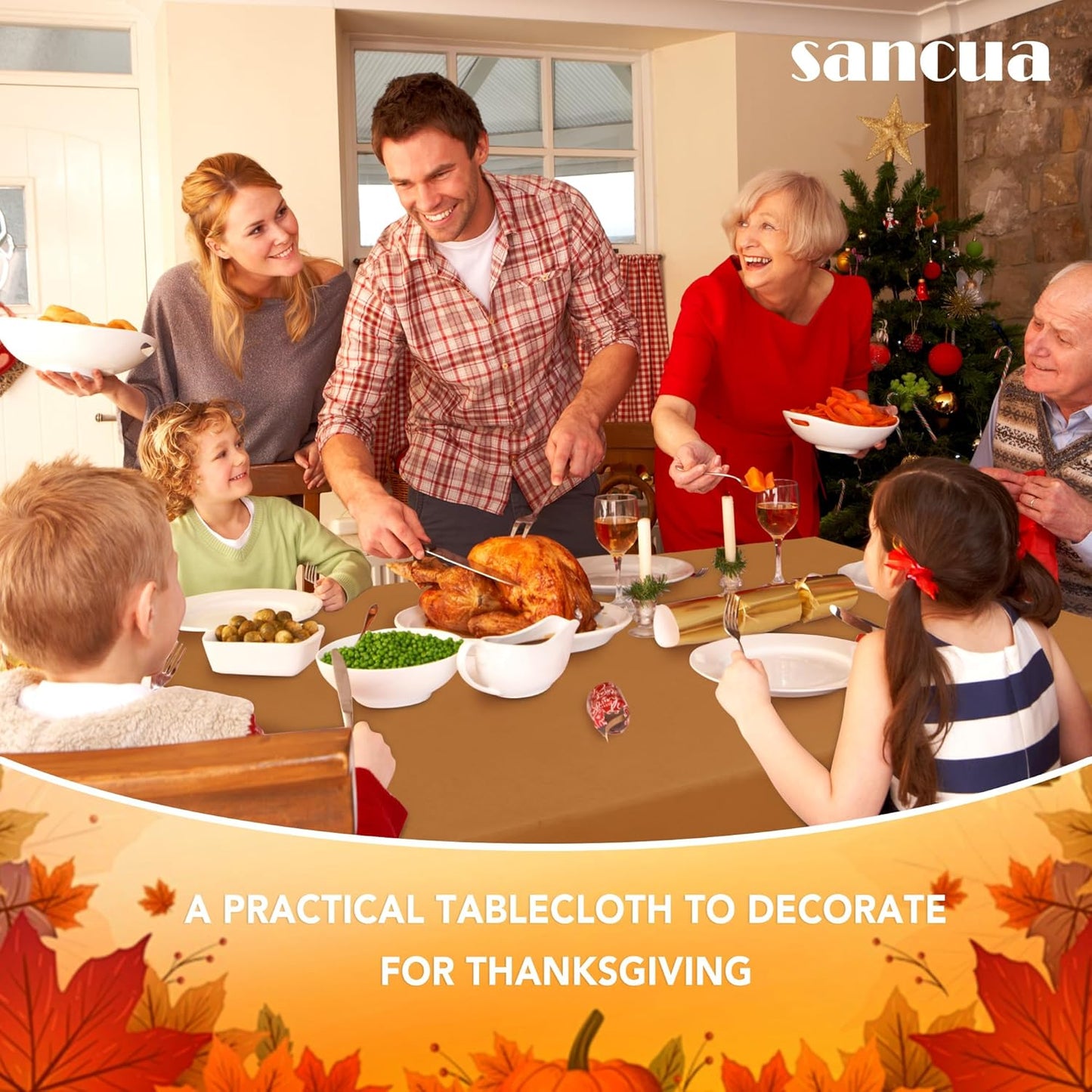 sancua Fall Tablecloth Rectangular for 6 Foot Tables - 60 x 102 Inch - Stain and Wrinkle Resistant Rectangle Table Cloth, Fabric Thanksgiving Table Cover for Dining Tables, Buffet Parties, Bronze