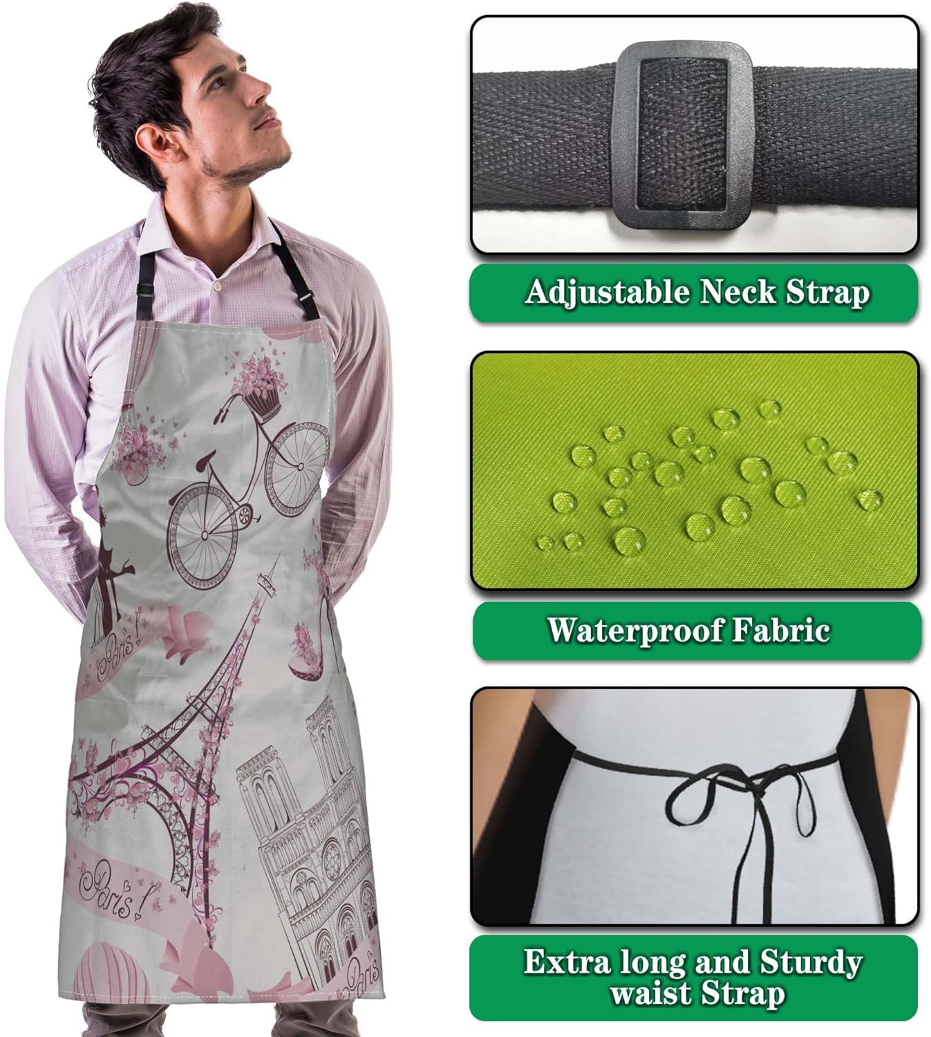 Chef Apron for Men Paris Symbols Cooking Aprons for Women for Kitchen Cooking Restaurant BBQ Painting Crafting 27” (W) x 31” (H), Waterproof Apron