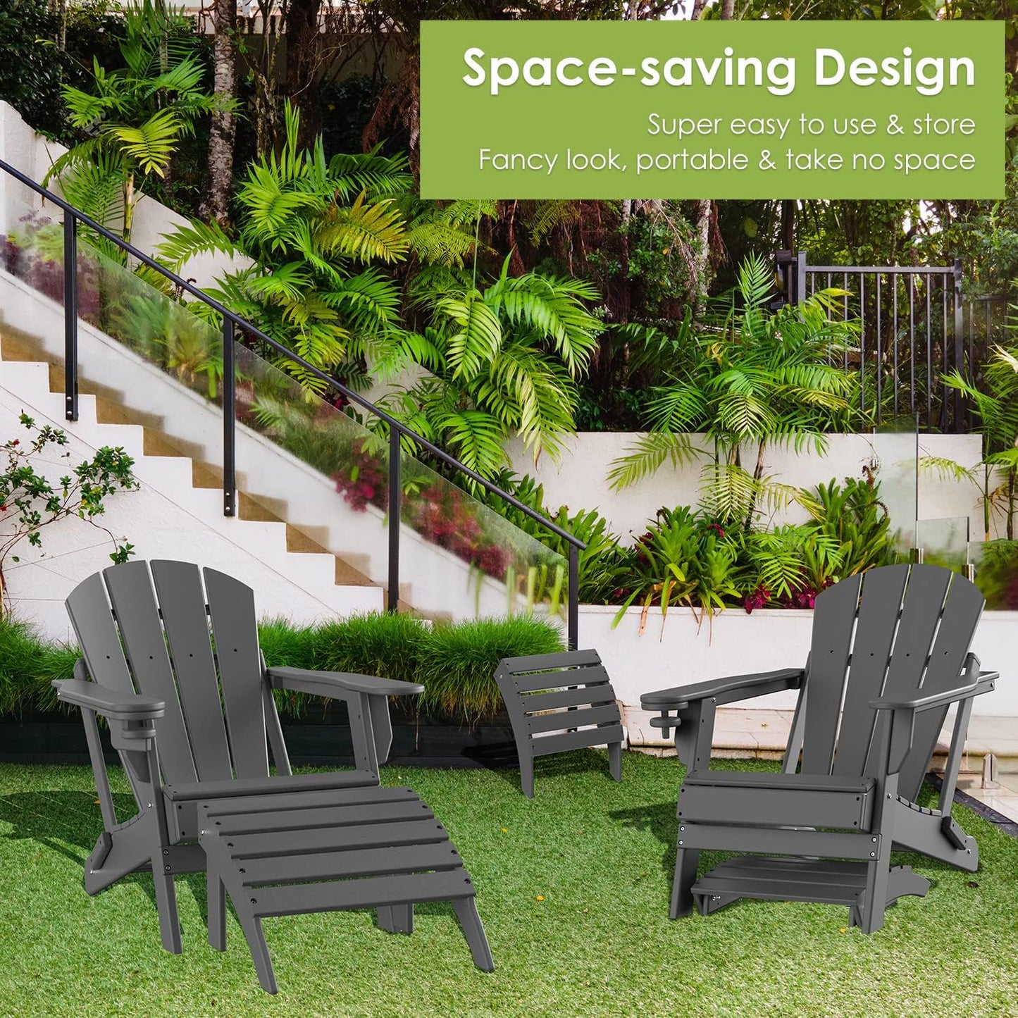 GREENVINES Adirondack-Ottoman | HDPE Plastic | Outdoor Footrest | All Weather | Foot Rest | Foot Stool | Grey | for Adirondack Chair | for Patio Backyard Pool