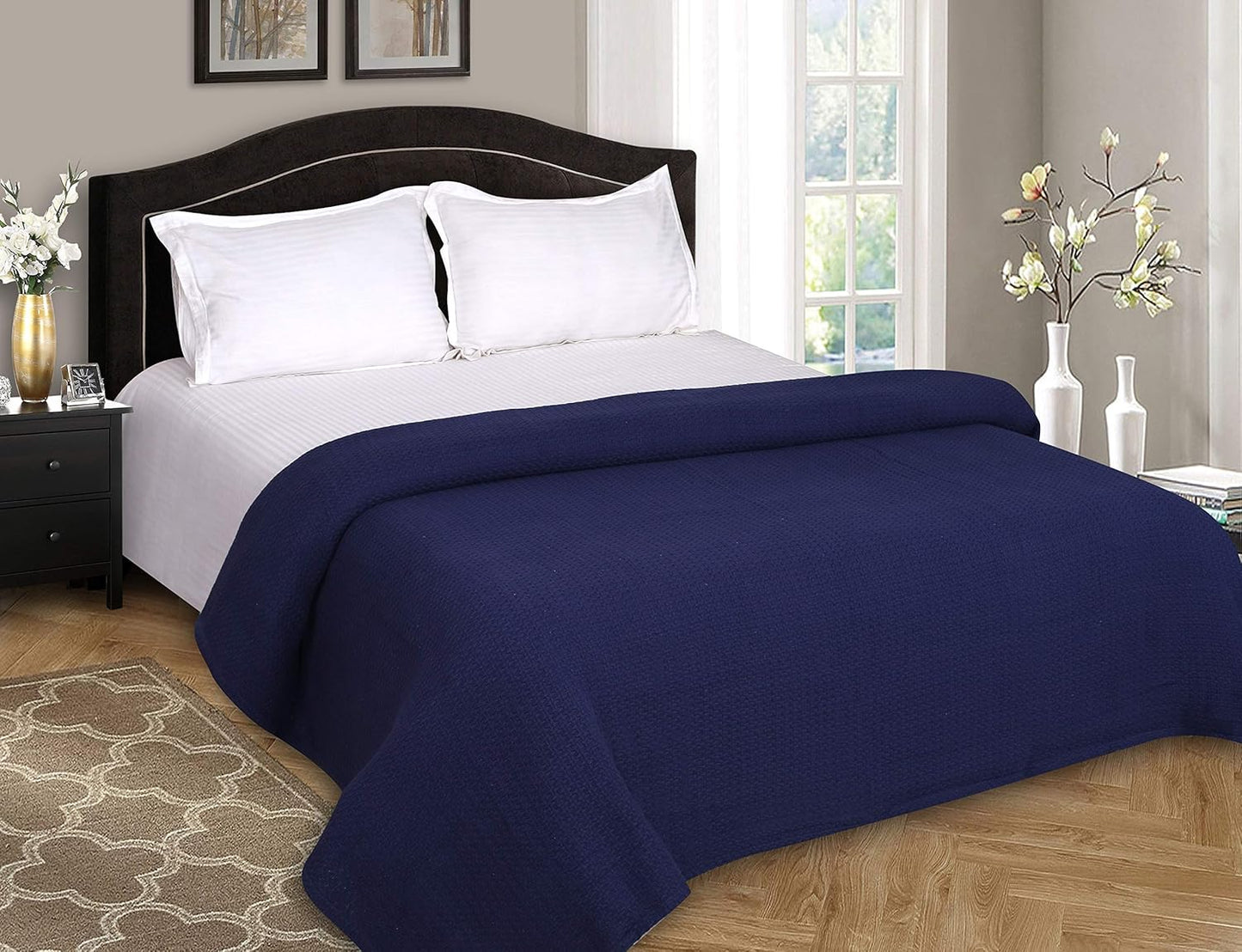 Elvana Home 100% Cotton Bed Blanket, Breathable Bed Blanket King Size, Cotton Thermal Blankets King, Perfect for Layering Any Bed for All Season, Navy Blue