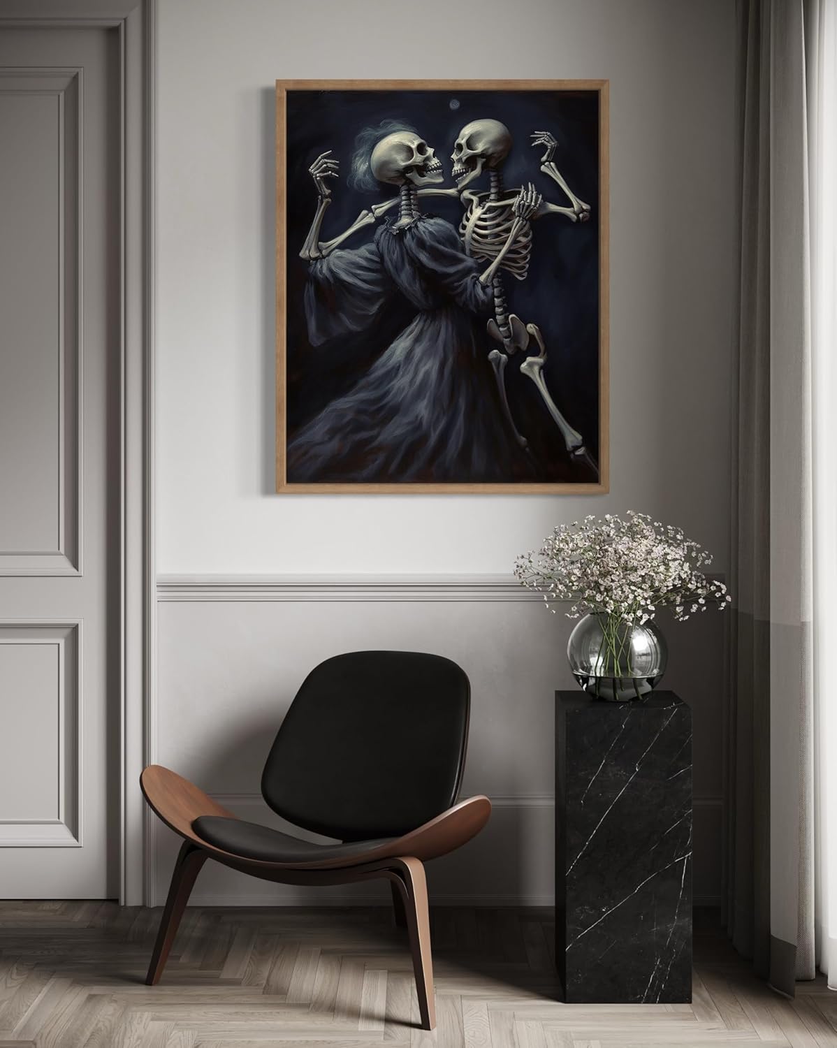 Dancing Skeleton Poster Art Print, Halloween Scary Vintage Wall Art Academia Spooky Painting Decoration for Horror Prints, Gothic Posters Bedroom Decor 89 (Dancing Skeleton, 16 x 20 inches, Wood Frame)