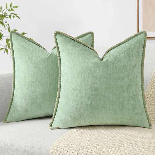 decorUhome Chenille Soft Throw Pillow Covers 24x24 Set of 2, Farmhouse Velvet Neutral Decorative Euro Pillow Covers with Stitched Edge for Couch Sofa Bed Home Decor, Sage Green
