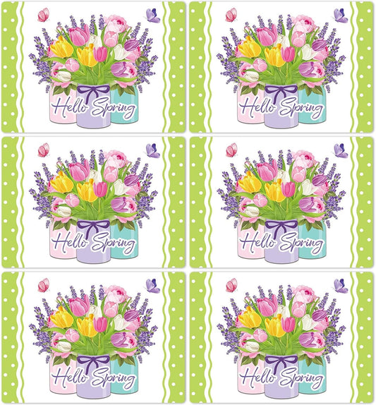 Spring Placemats Set of 6 Easter Plastic Table Mats Tulip Place Mats Washable Vinyl Flower Vase Spring Table Decoration for Indoor Outdoor Party Kitchen Dining
