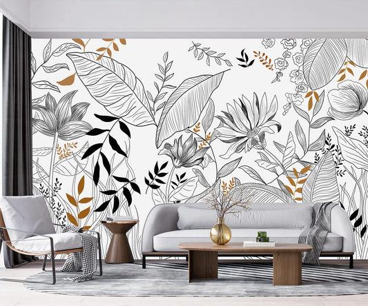 -Hand-Painted Flower Plant Fabric Wallpaper Simple Art Living Room 140" x 91" (Not Peel and Stick)
