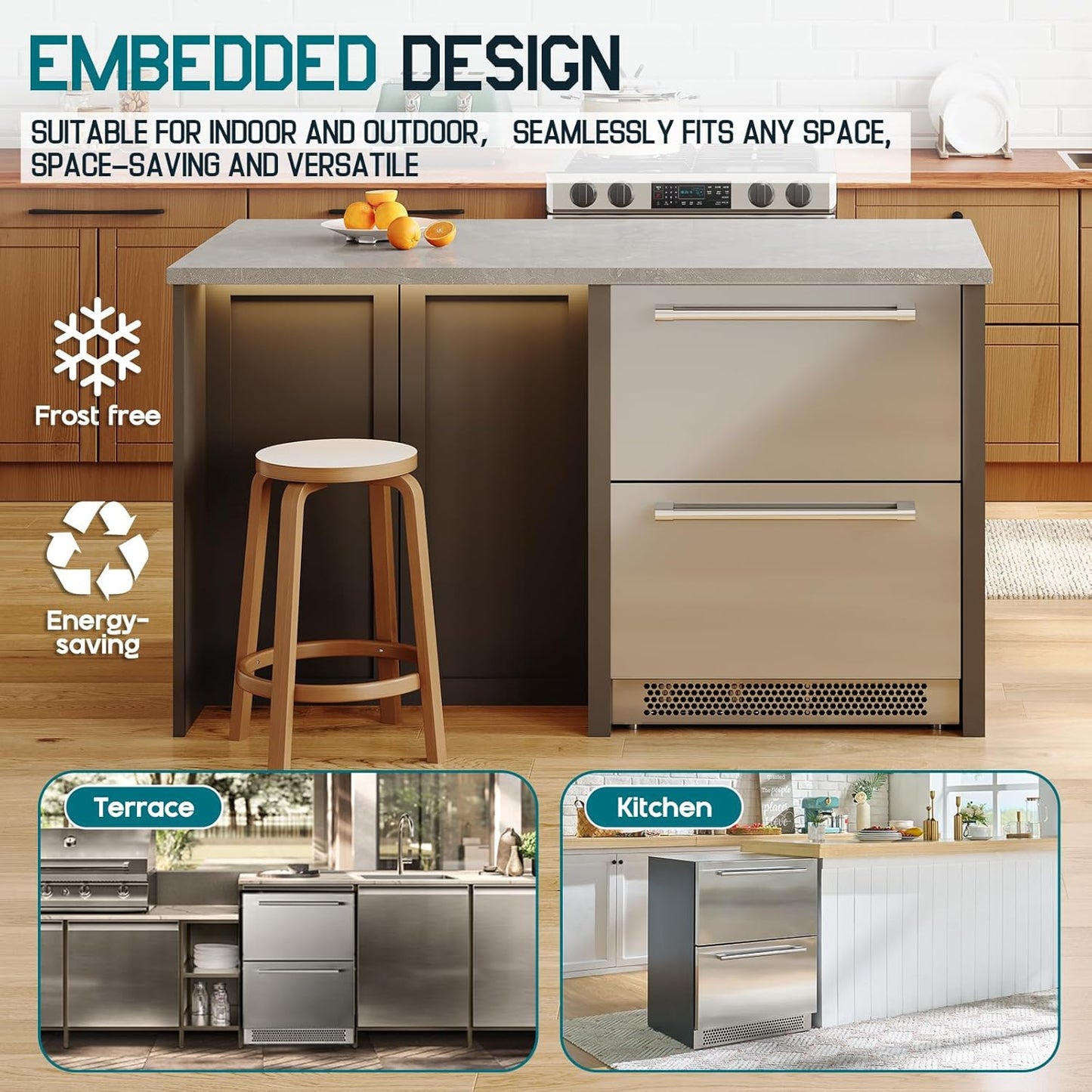 Albott 24 Inch Under Counter Drawer Fridge – Stainless Steel Dual-Zone Beverage Refrigerator with LED Touch Control, Adjustable Storage, Frost-Free, Low Noise, 37℉-50℉, -0.4℉ to 37℉