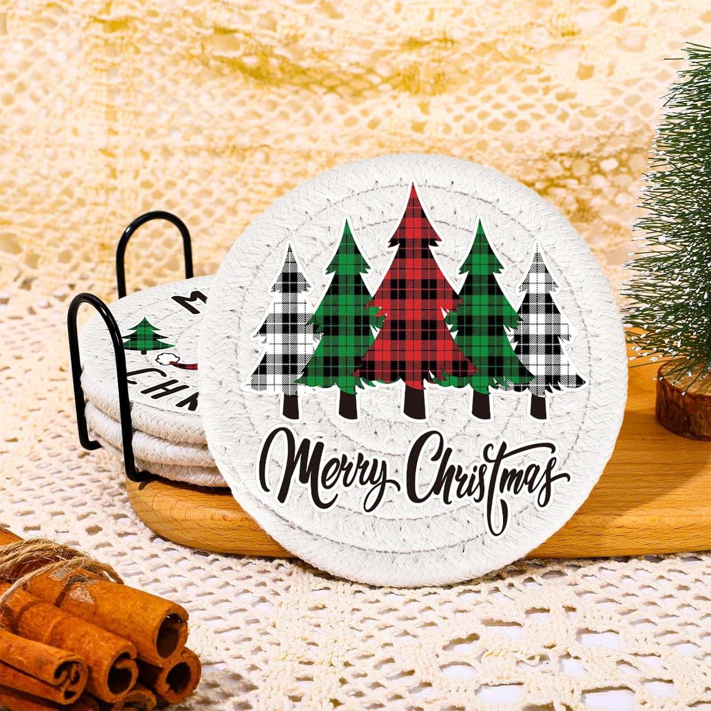 Whaline 4Pcs Merry Christmas Cup Coasters Handmade Braided Cotton Drink Coasters Xmas Buffalo Plaid Anti Slip Absorbent Tabletop Protection for Home Office Party Tableware, 4.3 × 4.3 inch
