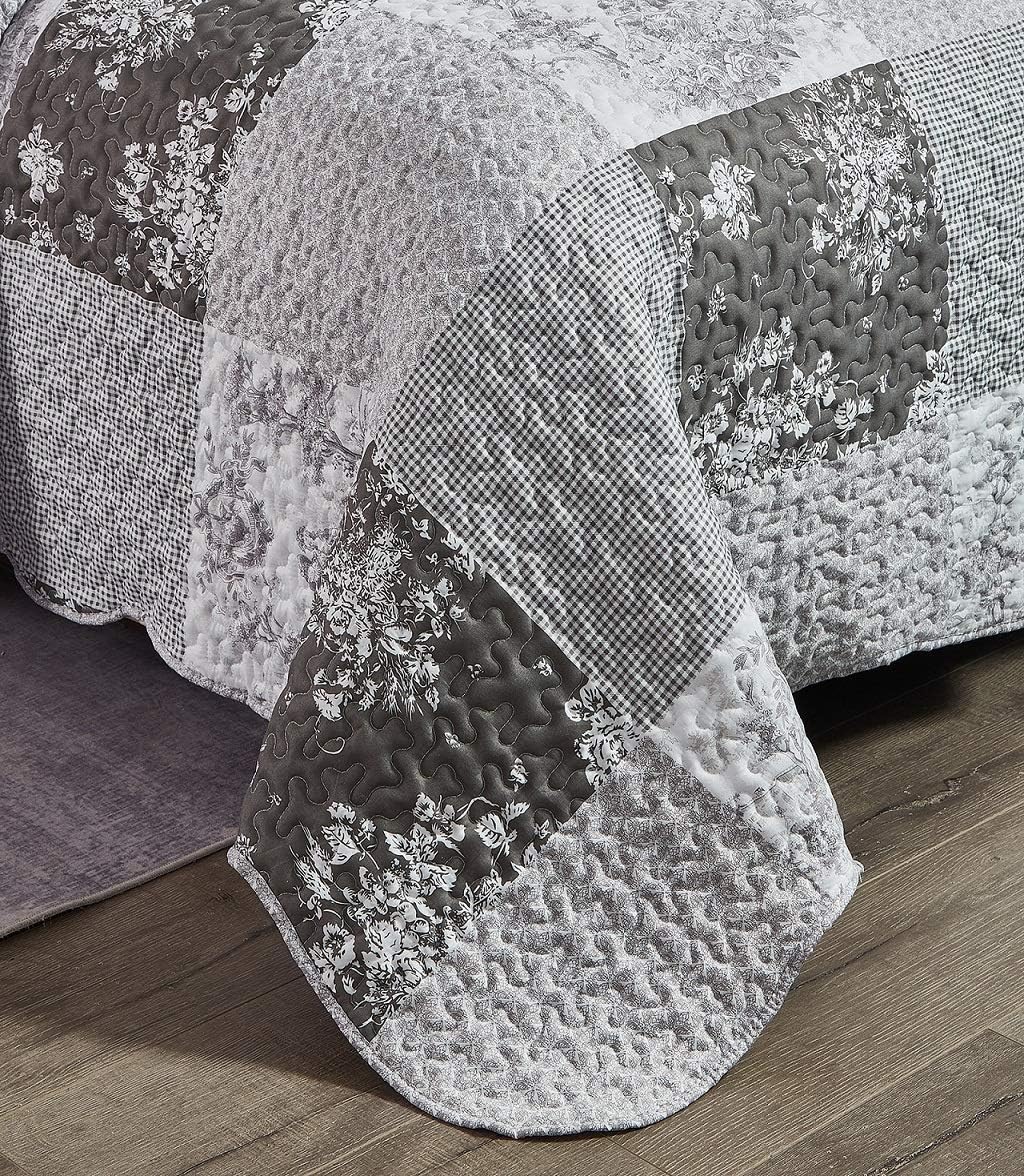 Brilliant Sunshine Grey Toile Floral Patchwork, 3-Piece Quilt Set with 2 Shams, Reversible Bedspread, Soft Lightweight Coverlet, All-Season, Full/Queen, Grey