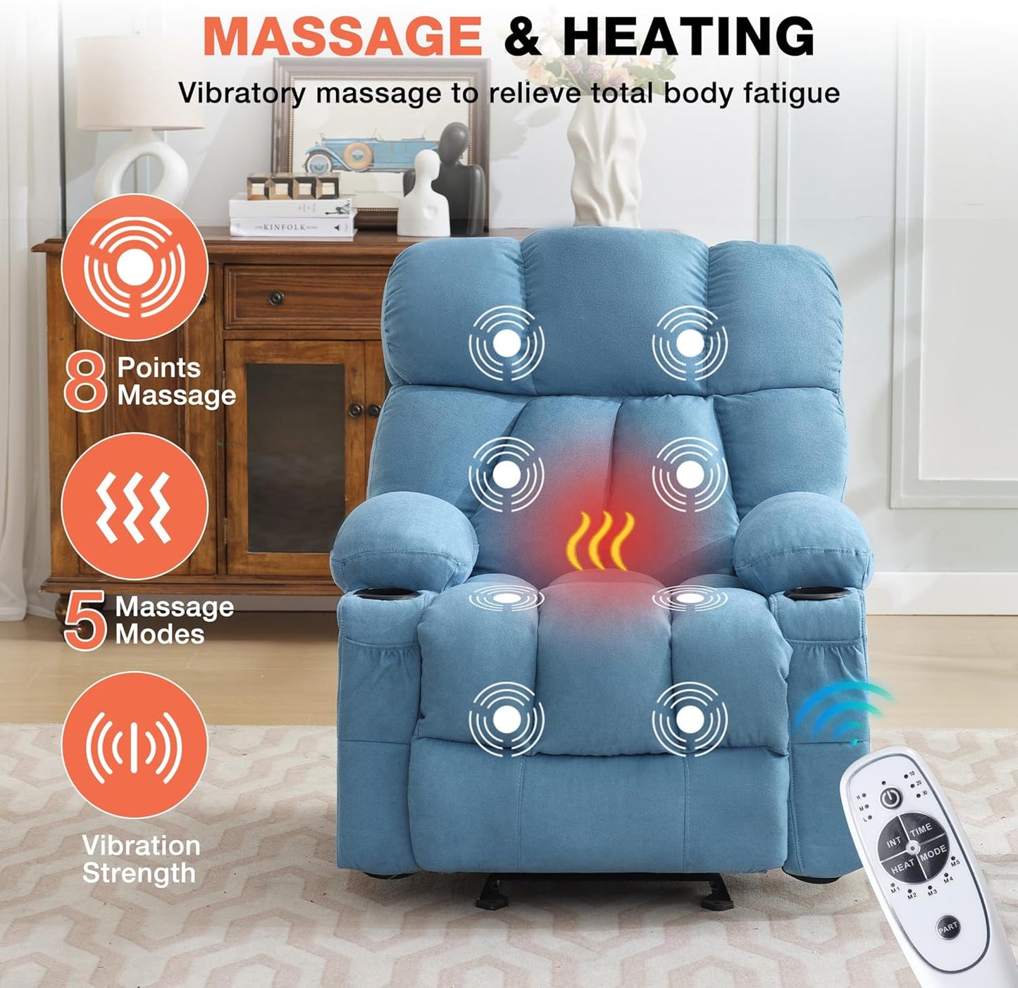 Massage Rocker Recliner Chair with Heat, Ergonomic Overstuffed Reclining Lounge Chair with Side Pockets, USB Charging Port, Sturdy Metal Frame, Comfortable Modern Design for Living Room