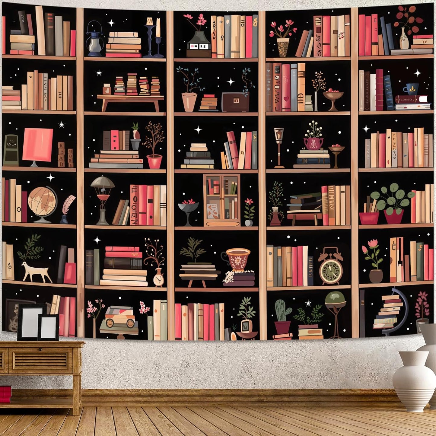 Accnicc Modern Bookshelf Tapestry Black Pink Orange Stylish Minimalist Book Shelf Tapestries Wall Hanging Art Dark Academics Library Book Tapestry for Bedroom Living Room Dorm 80 x 60 inch