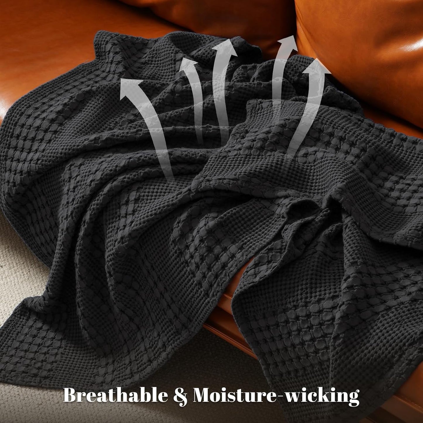 PHF 100% Cotton Waffle Weave Blanket Twin Size, Soft Lightweight Breathable Cozy Summer Blankets for Bed, Luxury Aesthetic Woven Bedding for Home Decor, 66"x90", Black