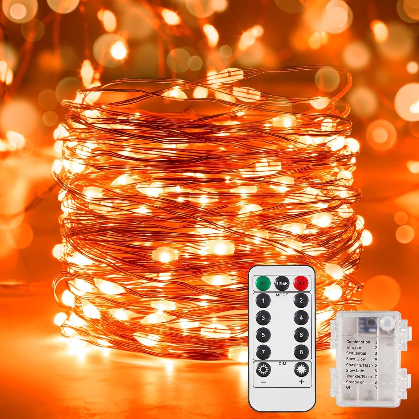 2 Pack 32.8 Ft. Battery Operated Outdoor String Lights with Remote & Timer, LED Orange Fairy Lights, Waterproof Twinkle Lights for Bedroom, Dorm, Mason Jar, Wedding, Party, Christmas