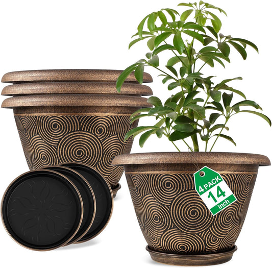 14 Inch Large Planter Pot for Plants Indoor Outdoor, 4 Pack Plastic Flower Pots with Drainage Hole & Tray, Modern Decorative Garden Pot with Saucer, Plant Container for House