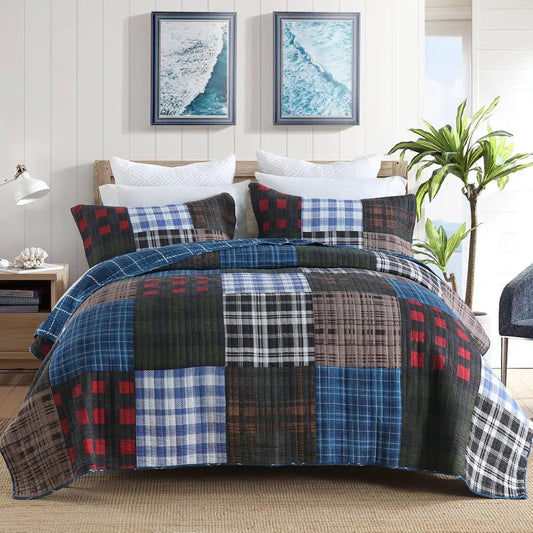 NEWLAKE Quilt Set King Size, Cotton Patchwork Blue Black Checkered Patterns Quilt Sets, Reversible Bedspread Lightweight and Breathable for All Seasons, Soft Quilted Bedspread with 2 Pillow Shams