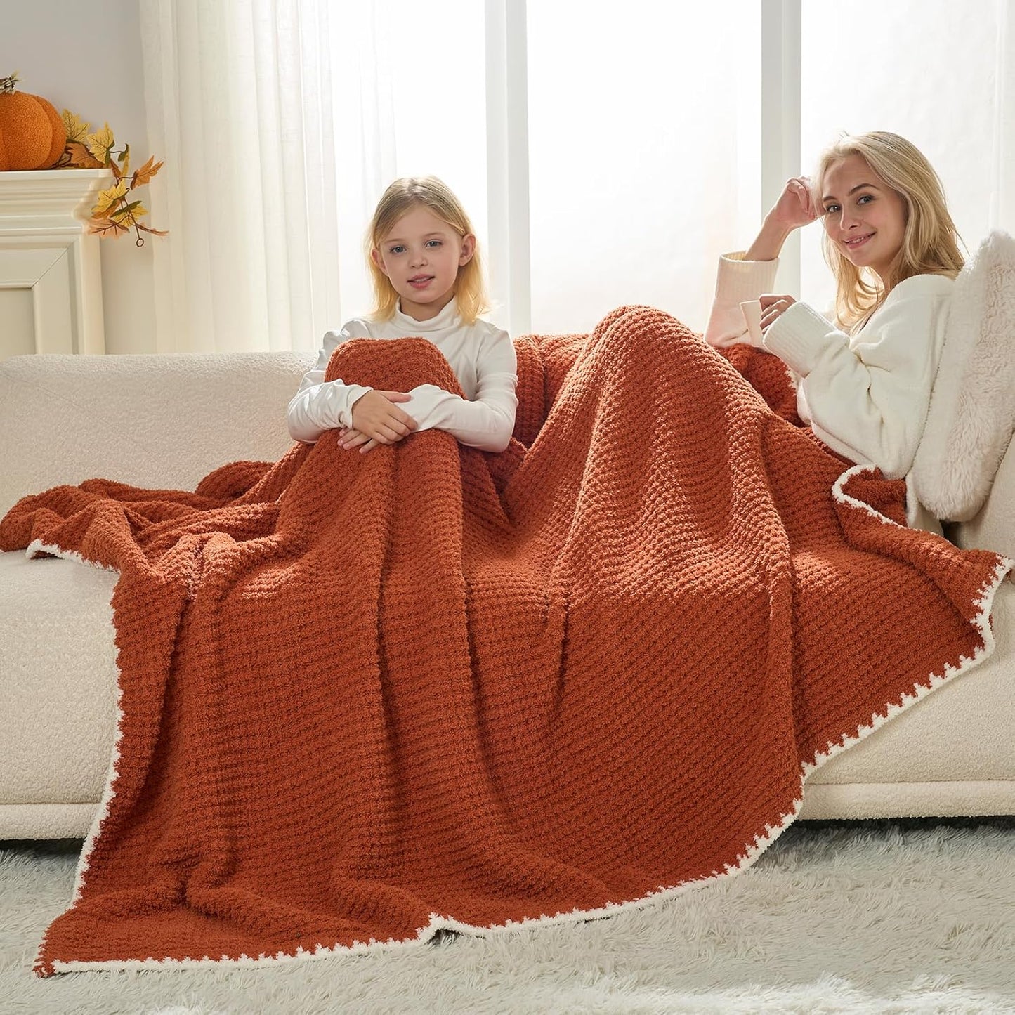 Snuggle Sac Orange Waffle Throw Blanket for Couch Bed Sofa 50x60 inches, Reversible Blanket Microfiber Fluffy Fuzzy Cozy Knit Soft Throws for Women Mothers Birthday Gifts