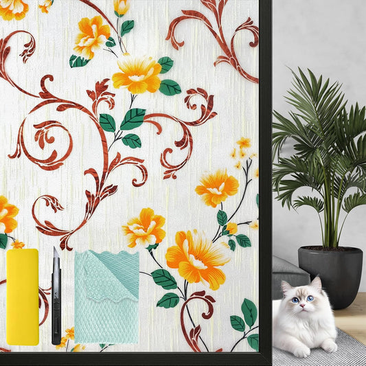 Niviy Stained Glass Window Privacy Film with Installation Tools, 3D Frosted Glass Window Decals UV Protection Sun Blocking Static Clings Non Adhesive Glass Stickers for Home 17.5 x 118 inch