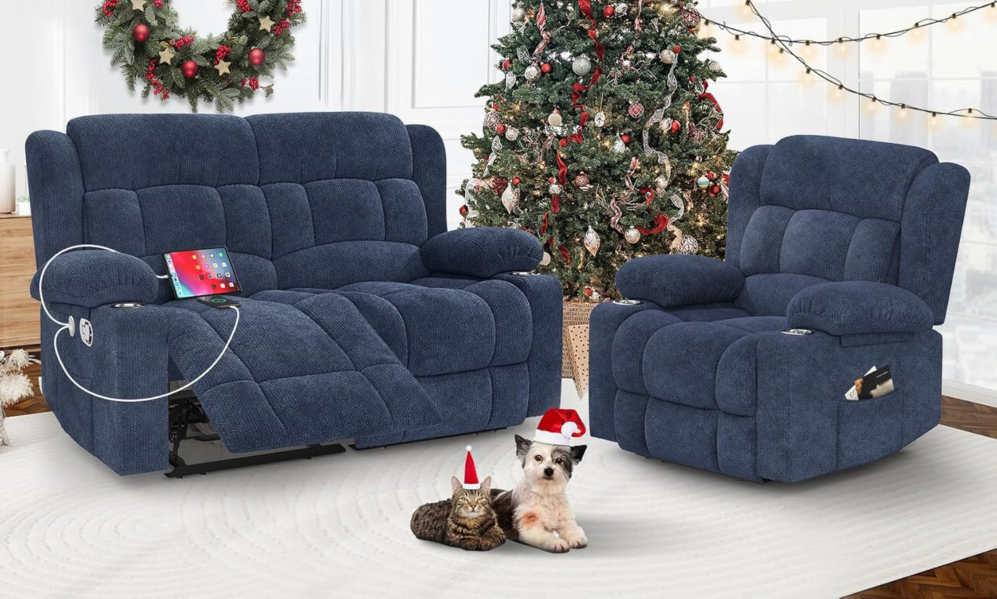 Loveseat Recliner Sofa Set with 2+1 Pieces, 2 Seater Minimalist Style Fabric Manual Pull Tab Reclining Loveseat with USB Charge Ports, Cup Holders, Recliner Couches for Living Room, RV, Blue