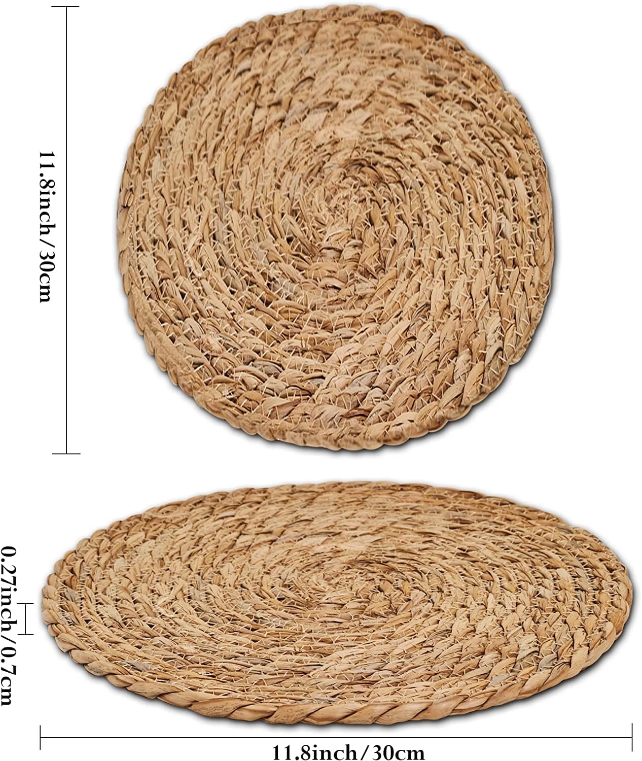 Defined Deco Woven Placemats Set of 4,12" Round Rattan Placemats,Natural Hand-Woven Water Hyacinth Placemats,Farmhouse Weave Place Mats,Rustic Braided Wicker Table Mats for Dining Table,Home,Wedding.