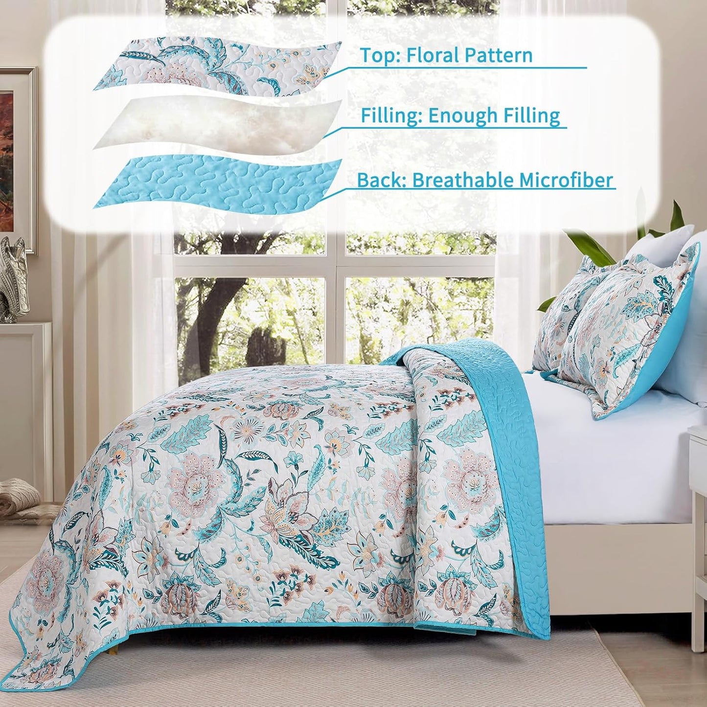 VAPUTAR Garden Queen Size Bedspread for Adults - Floral Quilt Queen Size Bedding Set (90 x 98 inch) with 2 Pillow Shams - Lightweight Reversible Coverlet Quilt for Bedroom, 3 Pieces