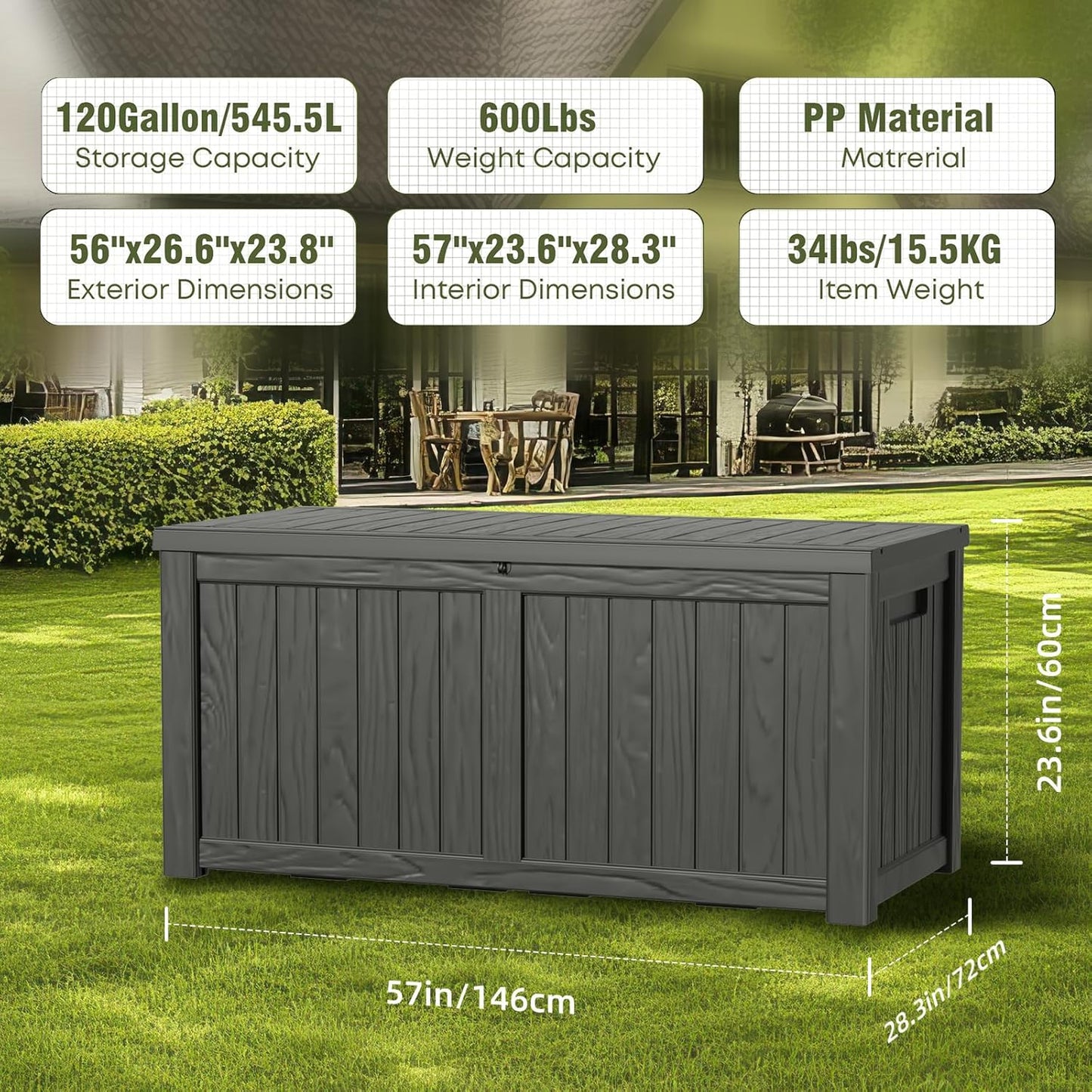 120 Gallon Deck Box,Resin Outdoor Storage Box with Lockable for Patio Furniture, Pool Accessories, Garden Tools Waterproof Outside Storage Box, Black
