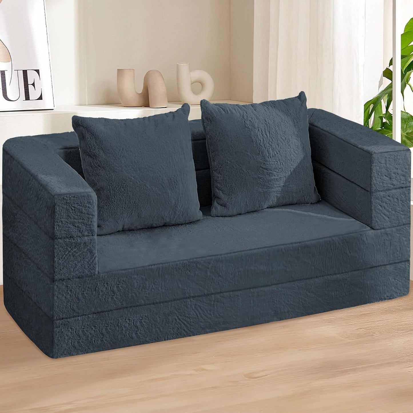 Folding Bean Bag Chair for Adults,3-in-1 Bean Bag Couch Faux Fur Floor Sofa Large Beanbag Convertible Bean Bag Sofa Bed with Pillow in Bedroom,Living Room,Apartment(Queen,Dark Grey)