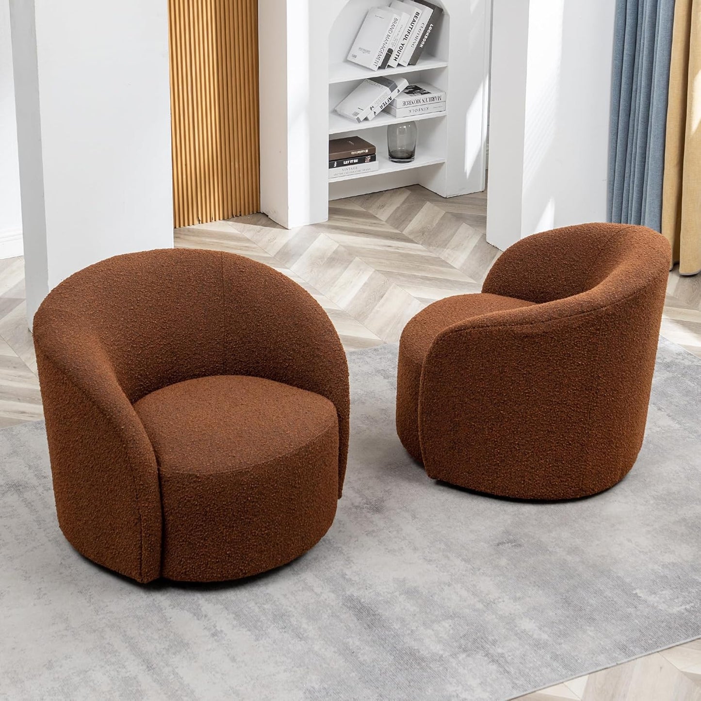 KINWELL 34" W Swivel Barrel Chair Set of 2, Mid Century Modern Round Upholstered Boucle Swivel Accent Chairs, No Assembly Sofa Chair for Living Room Bedroom Reading, Brown