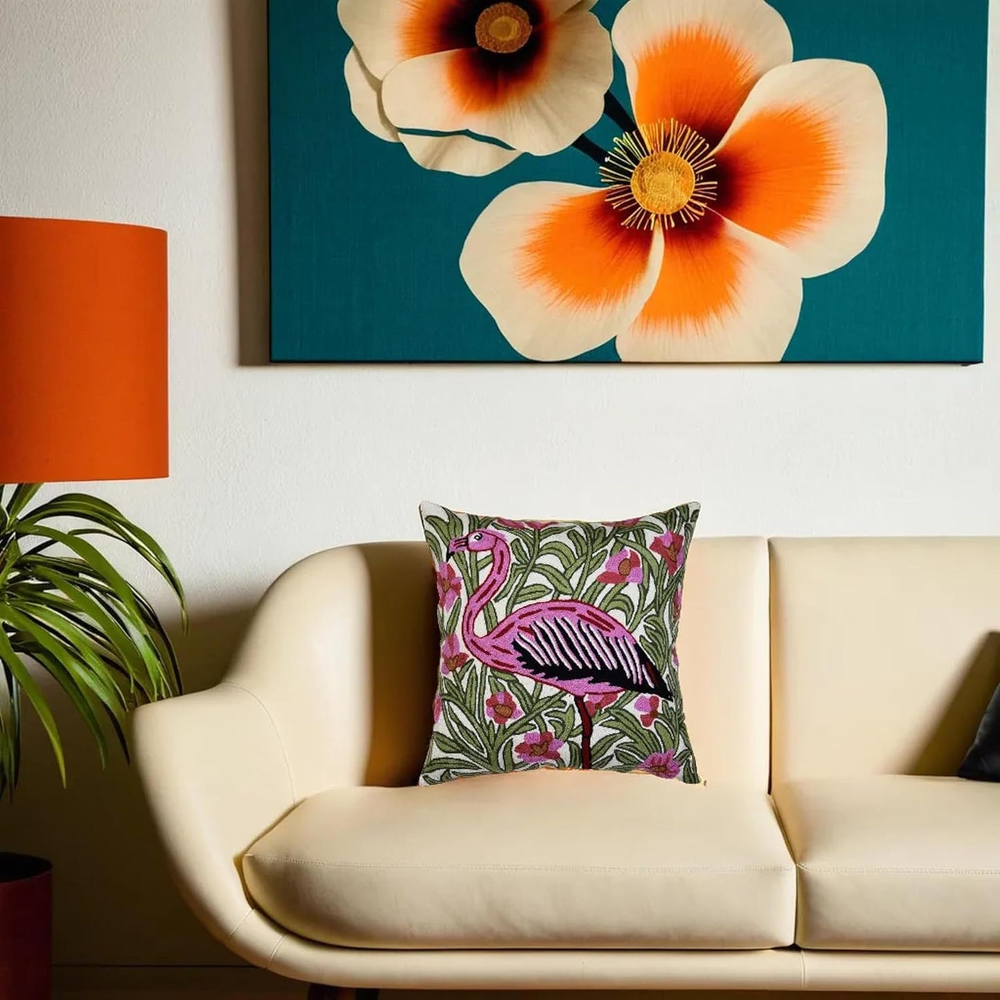 William Morris Flamingo Floral Pillow Cover - Hand Embroidered Modern Flower Pillowcase, Outdoor Cushion, Suzani Farmhouse Chair Throw, Couch Cushions - Wool, Size 18x18