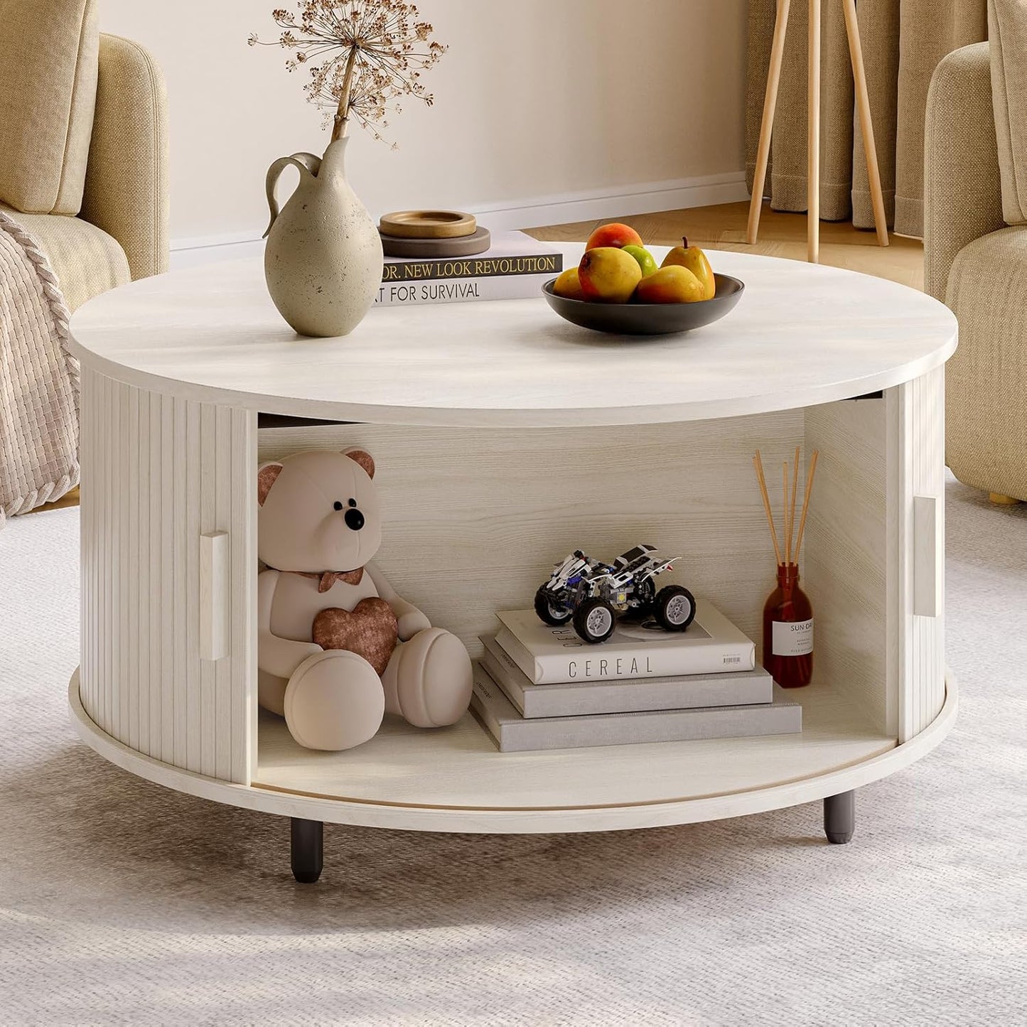 Round Coffee Table with Storage, 31.5" Modern Coffee Table with 360° Curved Sliding Door, Fluted Wood Coffee Table with Adjustable Footpads, Round Center Table for Living Room, Natural White