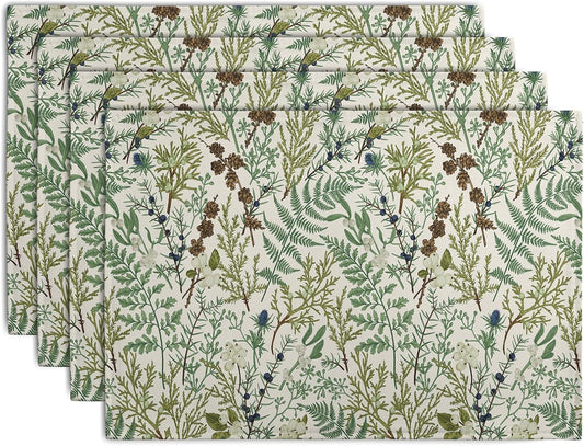 Sage Green Botanical Floral Placemats Set of 4 Vintage Tropical Herbs Fern Leaves Place Mats 12x18 Inch Seasonal Plant Spring Summer Linen Fabric Table Mats for Party Kitchen Dining Decor