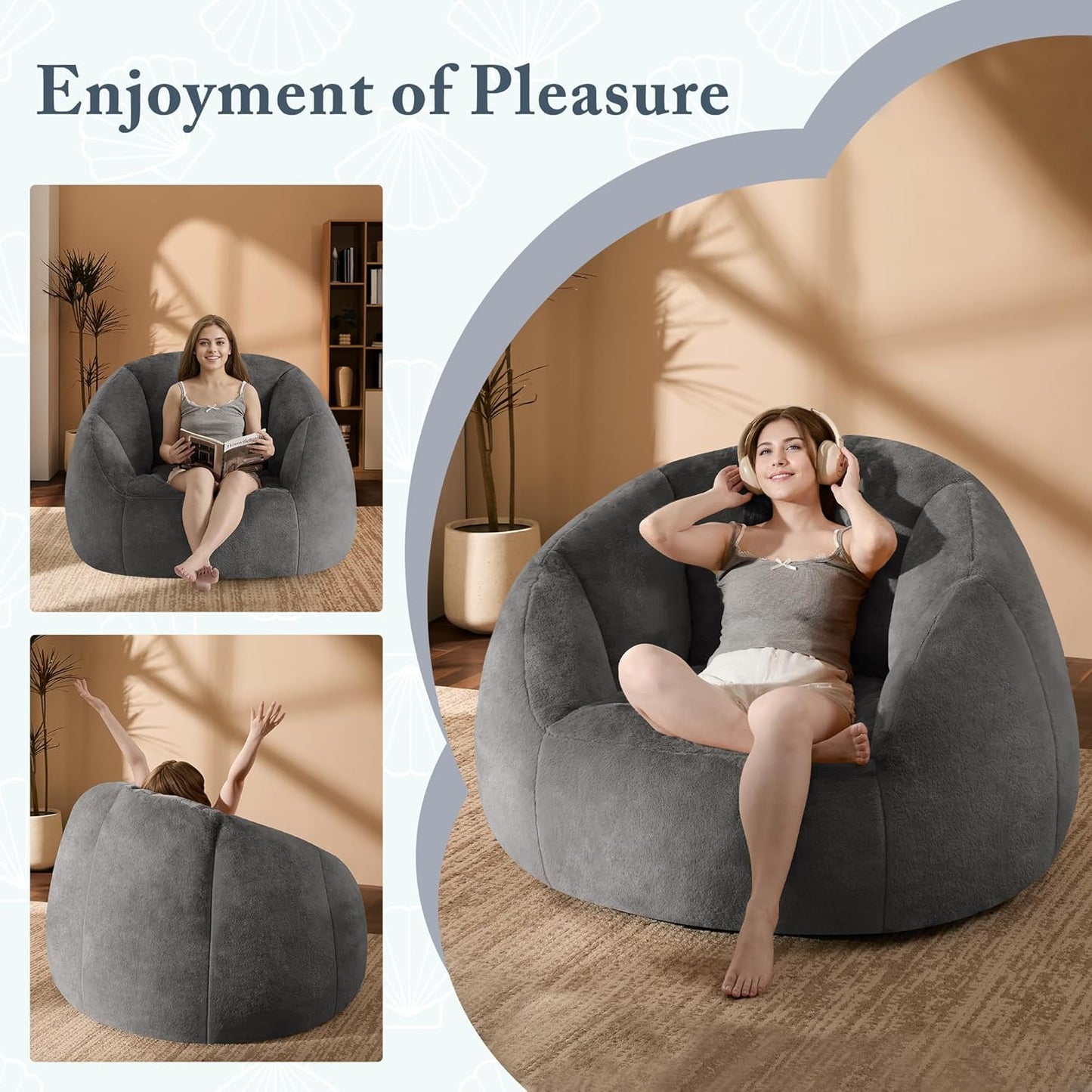 Giant Bean Bag Chair for Adults - Comfy Plush Round Shell Soft Accent Chair, Oversized Cozy Lounge Floor Sofa Reading Chair, Mini Couch for Living Room, Bedroom & Game Rooms, Gray