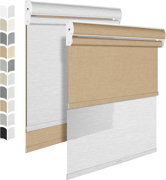 BERISSA Cordless Dual Roller Shades with Cassette Valance,Double Window Shades Blackout and Light Filtering Shades,Day and Night Roller Shades for Home Office Door.Linen Beige and White.47 W x 56" H