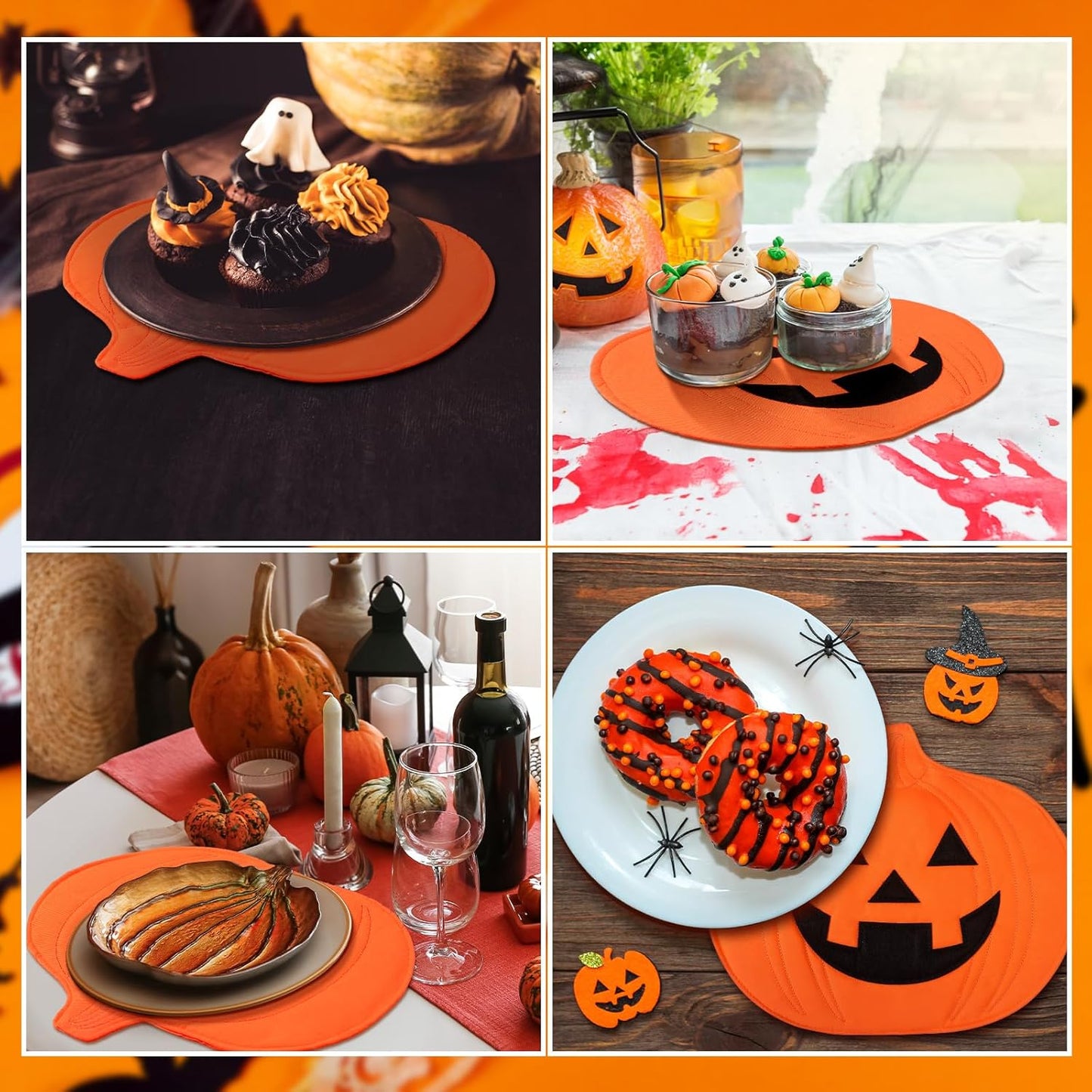 4 Pcs Halloween Pumpkin Placemats Jack O Pumpkin Shaped Heat-Resistant Table Mats 13 x 14 Fall Autumn Harvest Table Decoration for Thanksgiving Holiday Festival Kitchen Dinner Party Decor