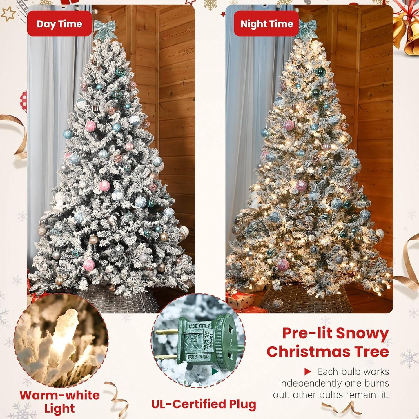 7.5 ft Prelit Flocked Christmas Tree, Lighted Full Christmas Tree with Pine Cones & 550 UL Lights, Snow Frosted Artificial Christmas Tree with Lights, Auto Hinged Xmas Tree for Holiday Décor