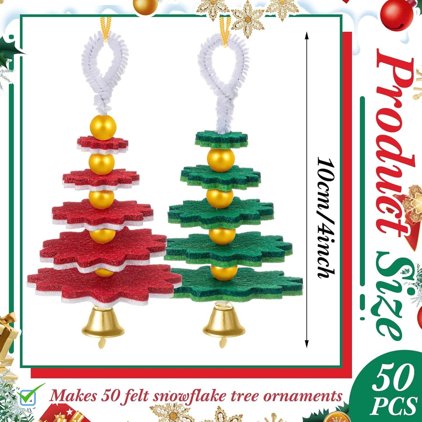 Hollowfly 50 Sets Felt Christmas Tree Ornament Craft Kit Small Layered Christmas Tree Felt Crafts for Xmas Decoration Stocking Stuffer Holiday Fun School DIY Activities