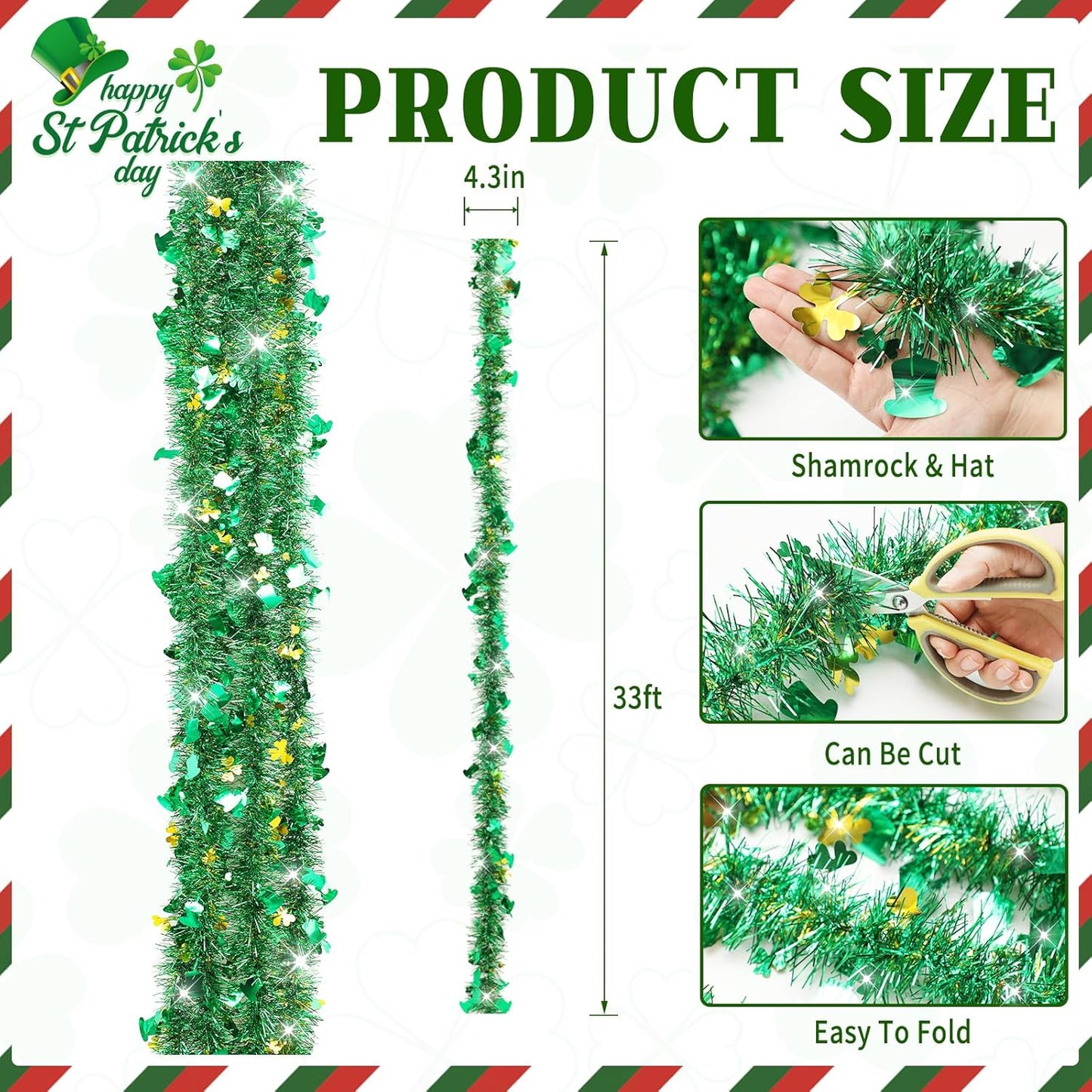 33 FT St Patricks Day Garland with Gold Green Shamrock Hat Tinsel Garland,Shiny Metallic Garlands St Patricks Day Decor for Home Indoor Outdoor St Patricks Party Supplies