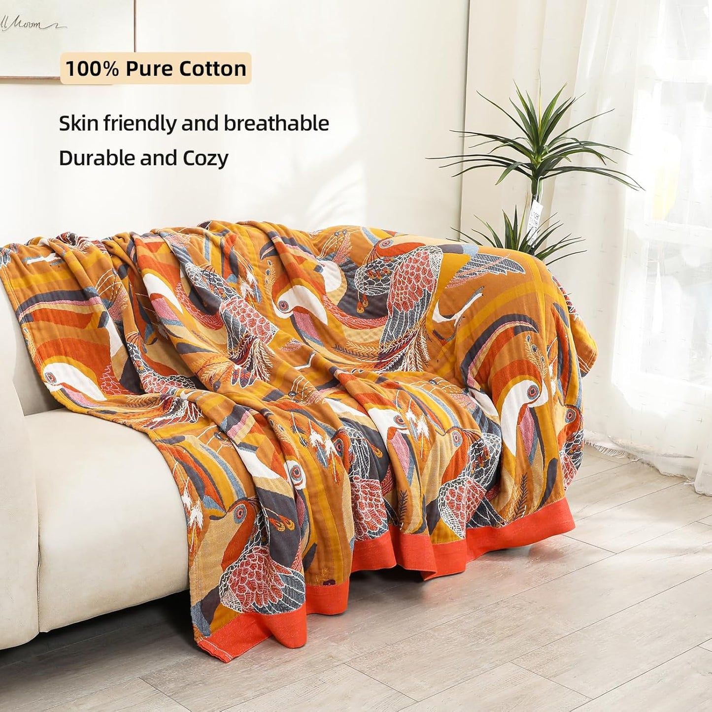 Boho Large Throw Blanket, 100% Organic Muslin Cotton Breathable Soft Bed Throw - Floral Bird Farmhouse Decor Blanket for Sofa Couch Chair Quilt and Gift. 80" x 90"- Colorful