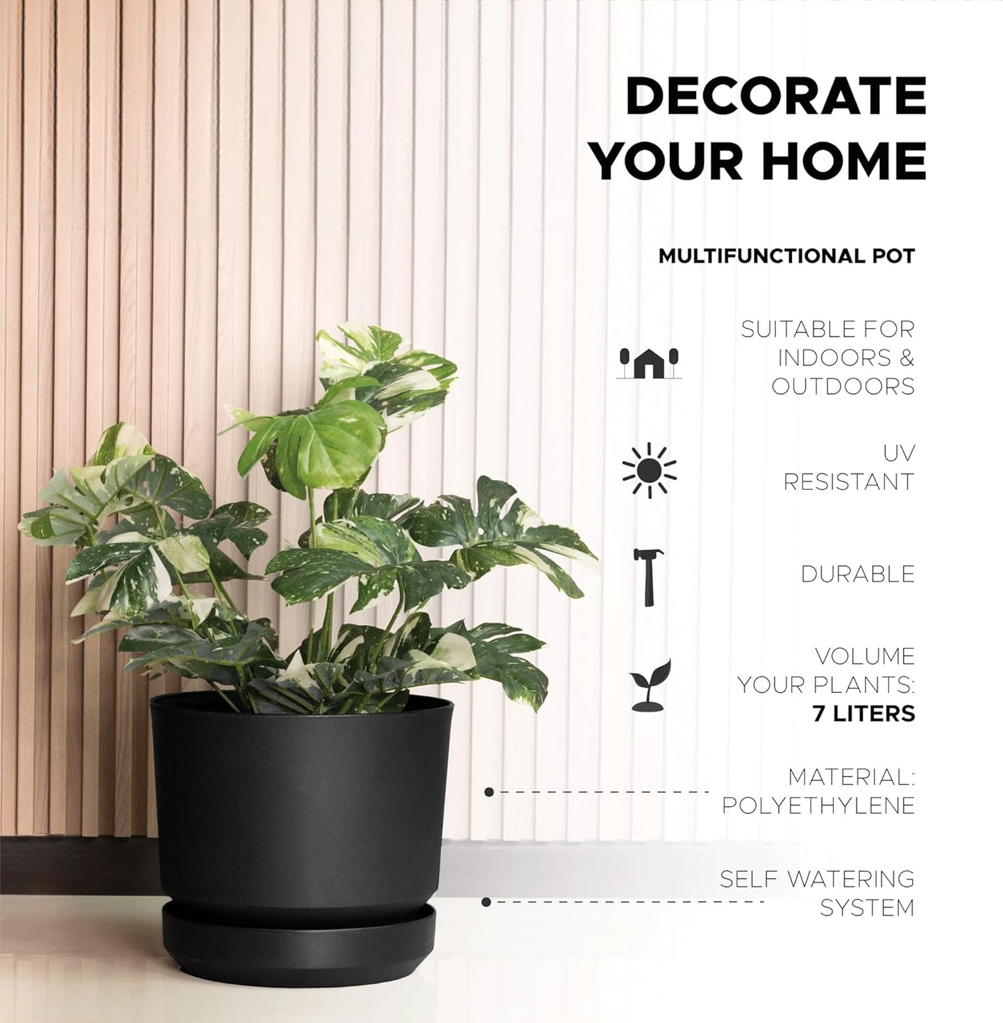 Elly Décor 8 inch Plastic Cylinder Planter Pot with Self-Watering Saucer and Drainage Hole,Lightweight & Extremely Durable, 8"x 8", Black