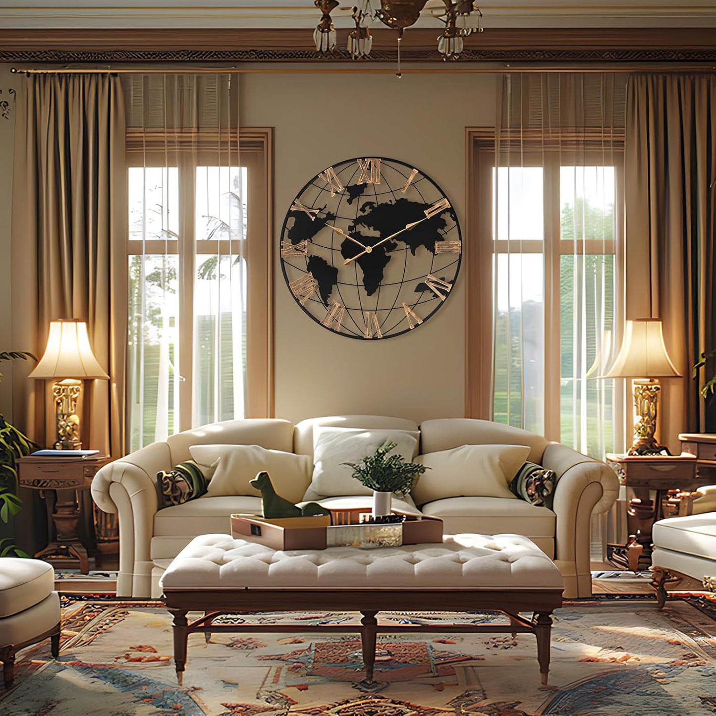 36 Inch Extra Giant Oversized Black Metal Wall Clock,Large Modern Decorative Silent World Map Wall Clock with Vintage Gold Roman Numeral for Living Room,Entrance Fireplace,Dining Room Decor