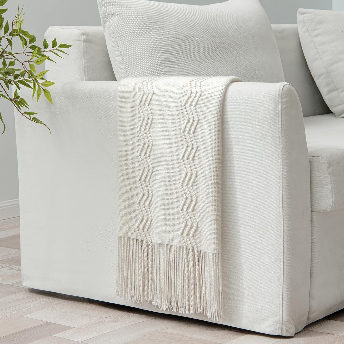 MIULEE Off White Knitted Throw Blanket for Couch Textured Knit Blanket with Tassels Cozy Woven Boho Bed Blanket for Sofa Bed Chair Acrylic Wave Pattern 50"x60"