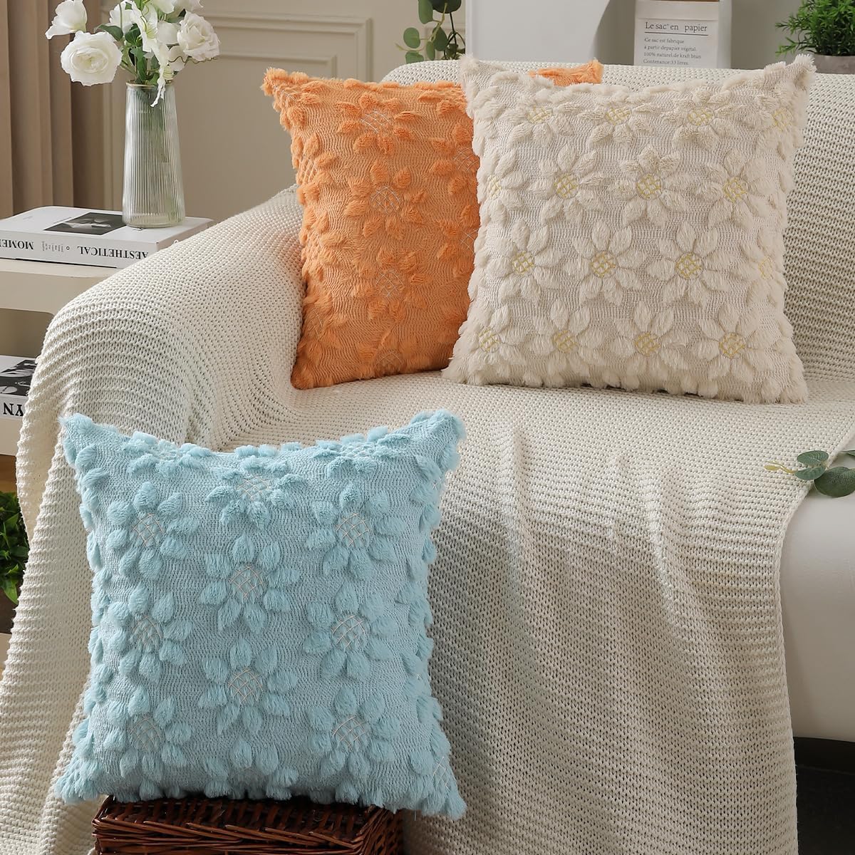 DFXSZ Spring Summer Pillow Covers 20x20 inch Set of 2 Farmhouse Decor White Flower Heart Sunflower Blue Soft Plush Faux Fur Jacquard Throw Pillows for Sofa Holiday Spring Home Decor PTK024G20