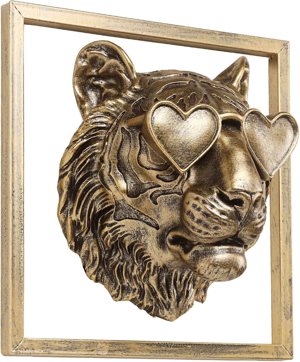 Animal Heads Wall Decor (Includes Metal Frame) Resin Animals Sculptures Head Wall Hanging Decoration Gold vintage Wall Sculpture for Living Room Bedroom Office(Tiger)