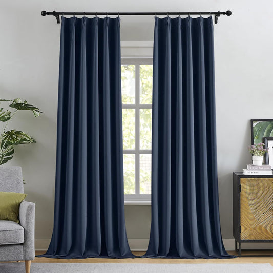 KangBang 102 Inch Blue Curtains Blackout Drapes for Living Room, Pinch Pleated Energy Saving Sound Reducing Polyester Memory Shape Window Panels with Hooks(Navy Blue,40Wx102L,2 Panels)