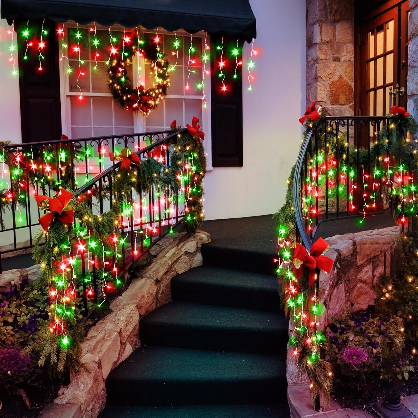 66ft Icicle Lights for Outside, Red and Green Christmas Lights Outdoor Indoor, 640 LED Twinkle String Lights with 120 Drops, Clear Wire Short Curtain Light for Thanksgiving Room Home Wall Bedroom