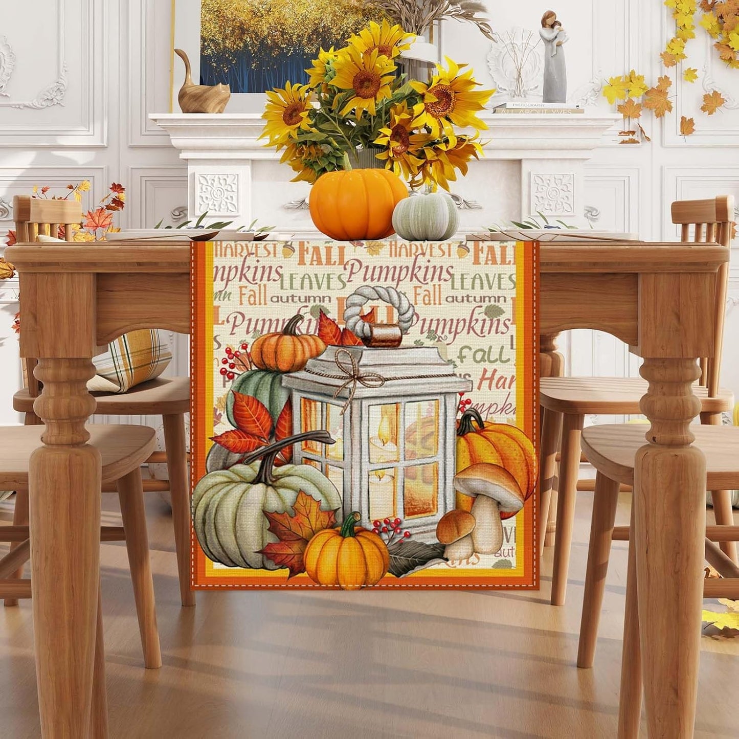 Linen Fall Table Runner 108 Inches Long - Farmhouse Leaves Pumpkin Decor for Autumn Thanksgiving Home Kitchen Dining Room