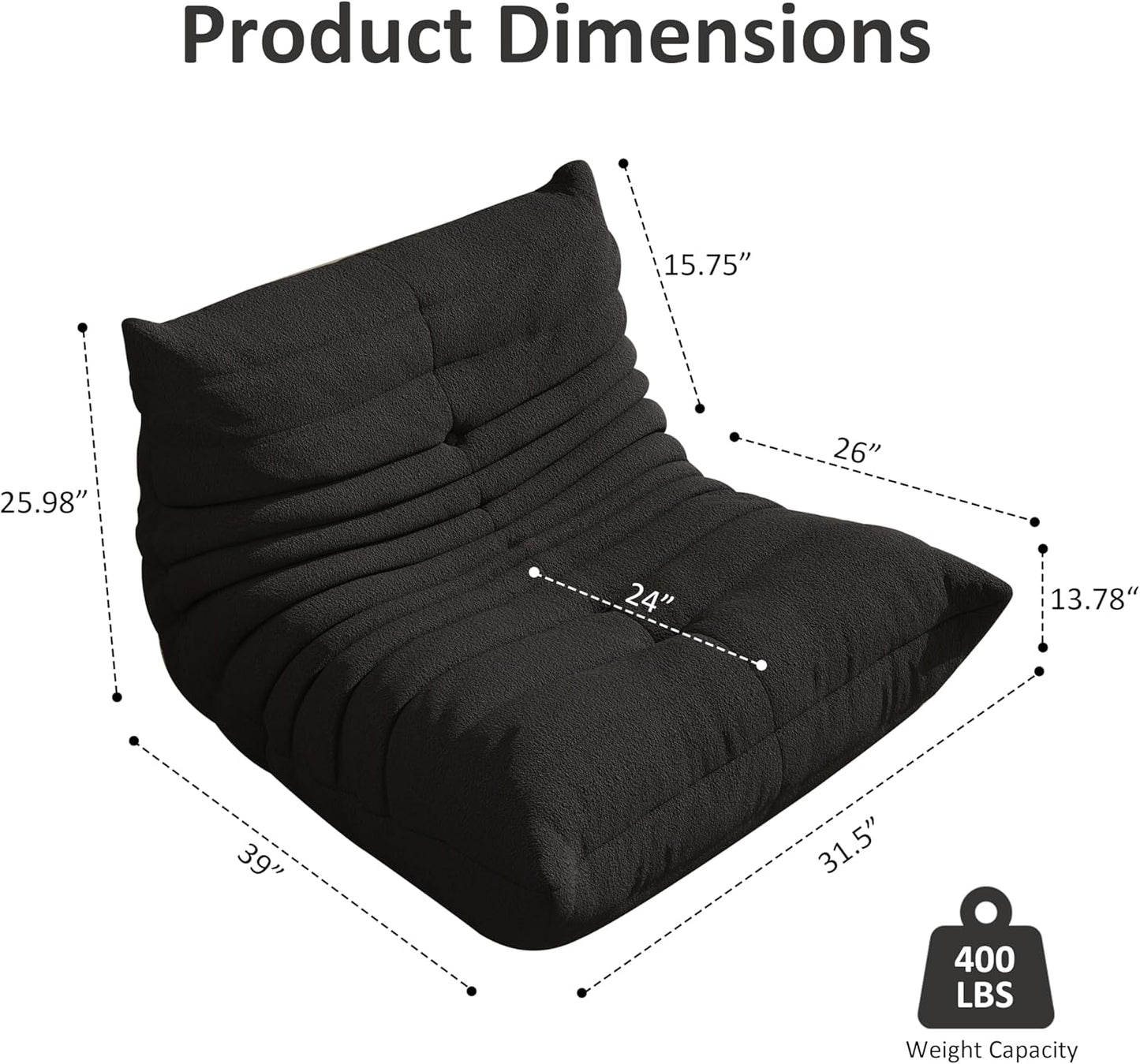 Bean Bag Chair, Oversized Bean Bag Chair for living Room, Fireside Chair for adults with Memory Foam Filled, Big Accent Sofa Lounge Floor Sofa for Gaming, Reading, Relax, No Assembly Required. (Black)